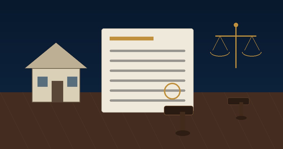 Property papers, house and court gavel for a declaration and injunction guide in Karachi