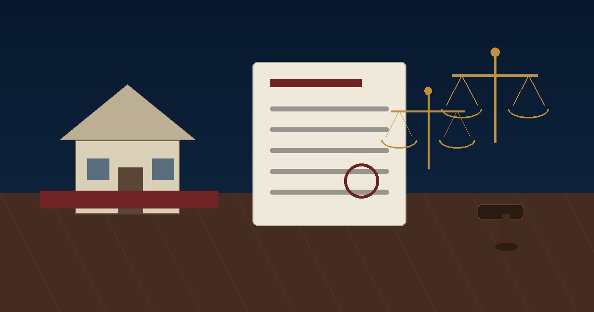 House, stop marker, property papers and legal scales for a temporary injunction guide in Karachi